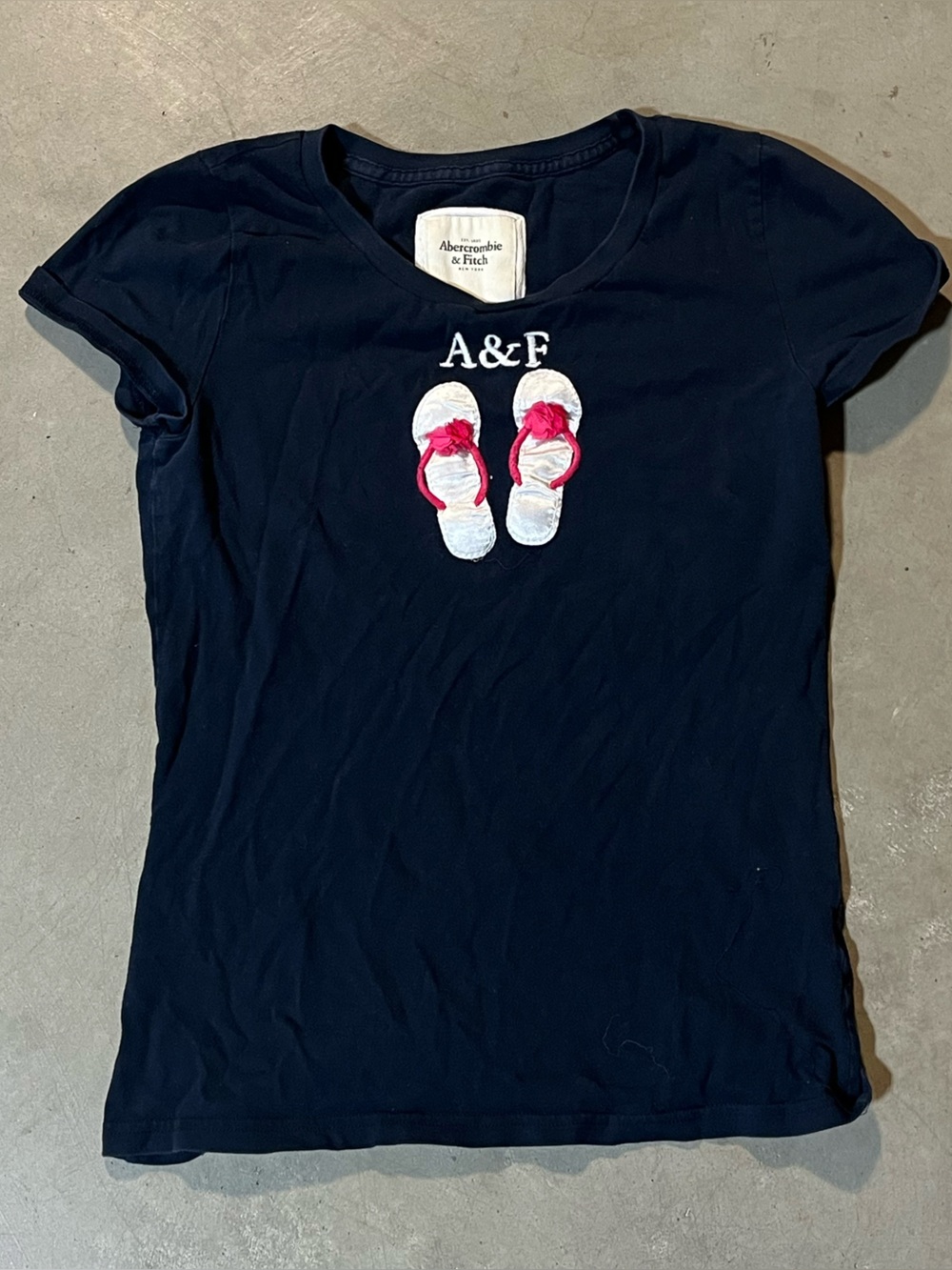 Abercrombie & Fitch Navy Short-Sleeve Tee with White & Pink Flip-Flop Graphic
